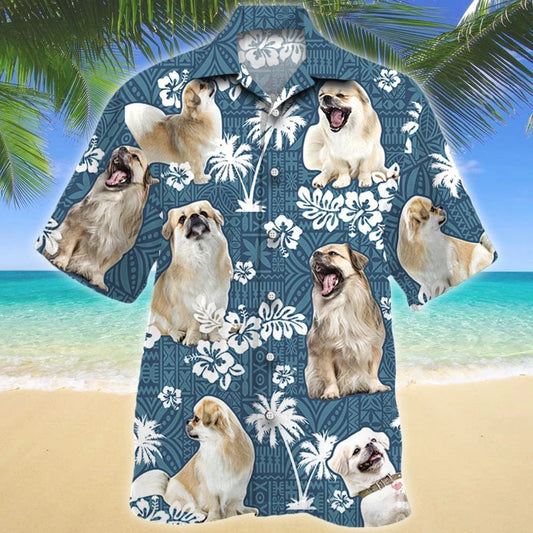 Tropical Design Tibetan Spaniel Dog Blue Tribal Pattern Hawaiian Shirt, Hawaiian Shirt Gift, Christmas Gift