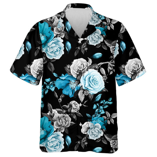 Rose Poppy Pomegranate Flowers Black And Blue Pattern Hawaiian Shirt, Hawaiian Shirt Gift, Christmas Gift