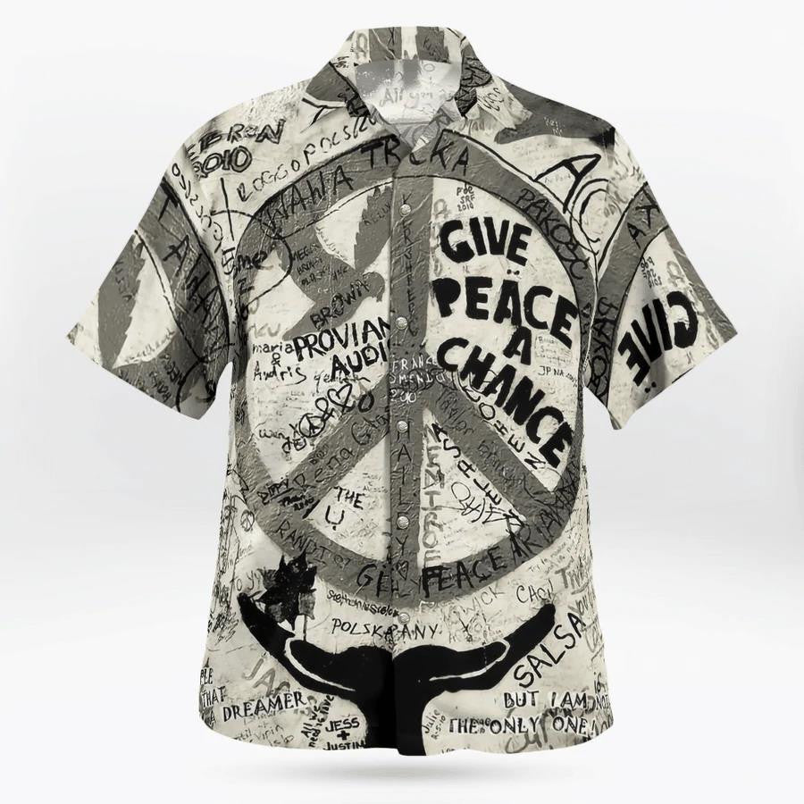 Hippie Give Peace A Change Black White Design Hawaiian Shirt, Hawaiian Shirt Gift, Christmas Gift