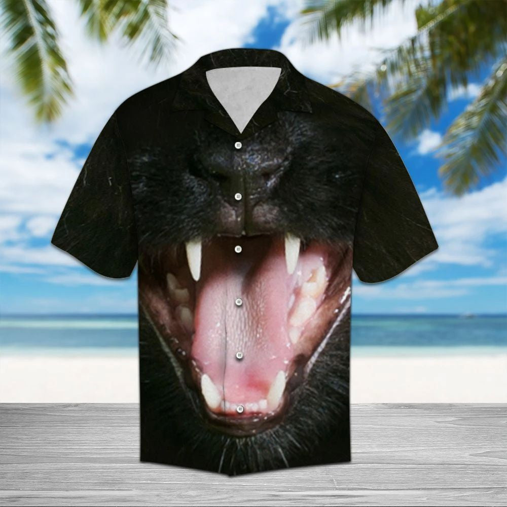 Funny Black Cat Open Mouth Dark Pattern Hawaiian Shirt Hawaiian Shirt Gift, Christmas Gift