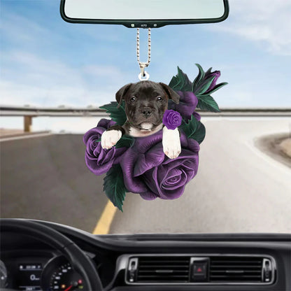 Staffordshire Bull Terrier In Purple Rose Car Hanging Ornament, Hanging Ornament For Car, Christmas Decoration