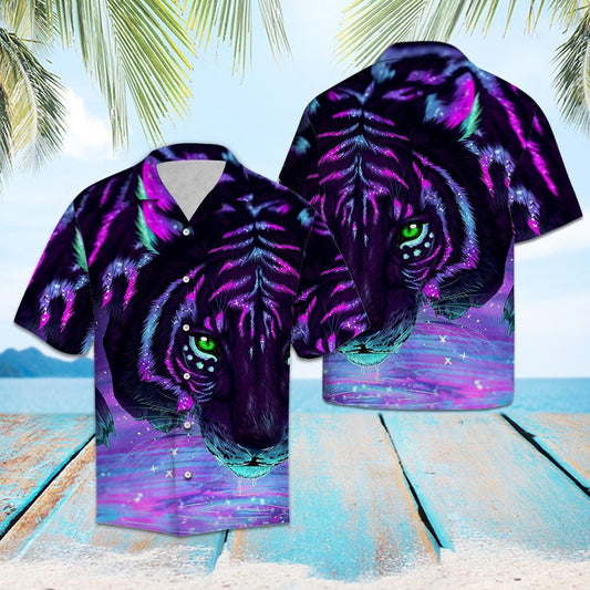 Dark Light Neon Purple Tiger Skin Themed Hawaiian Shirt, Hawaiian Shirt Gift, Christmas Gift