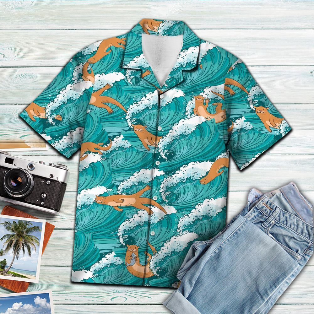 Cartoon Wild Otter Jumping On Sea Waves Pattern Hawaiian Shirt, Hawaiian Shirt Gift, Christmas Gift