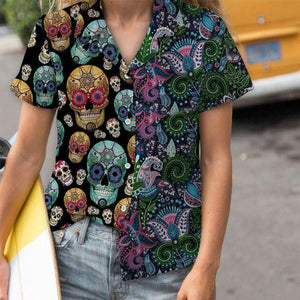 Sugar Skull On Black Skin Pattern Hawaiian Shirt,Hawaiian Shirt Gift, Christmas Gift