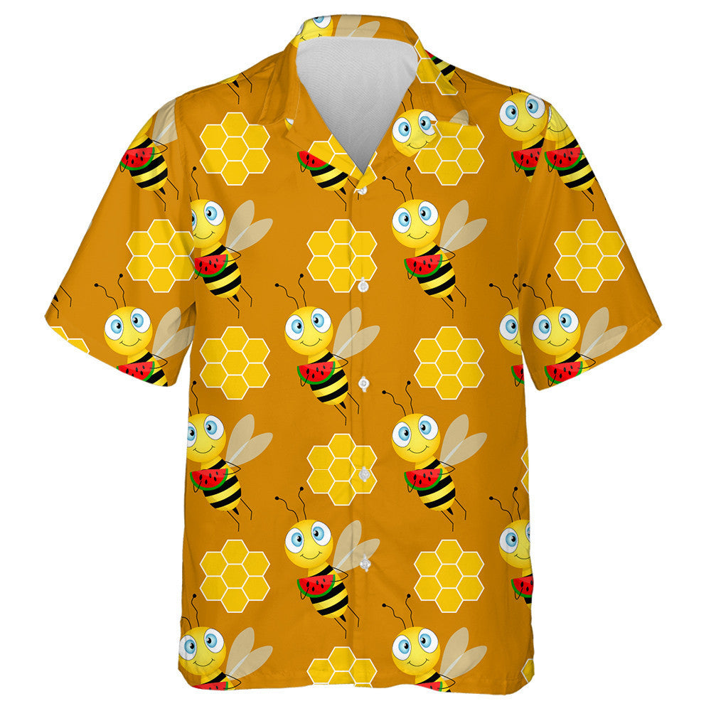 Natural Summer Bee With Watermelon On Brown Hawaiian Shirt, Hawaiian Shirt Gift, Christmas Gift