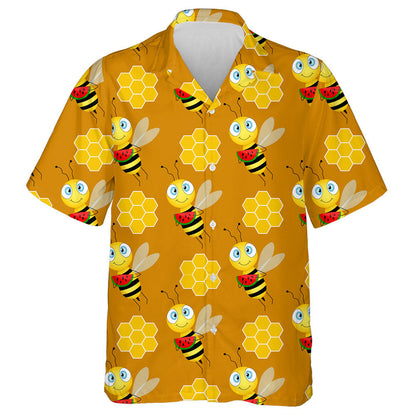 Natural Summer Bee With Watermelon On Brown Hawaiian Shirt, Hawaiian Shirt Gift, Christmas Gift