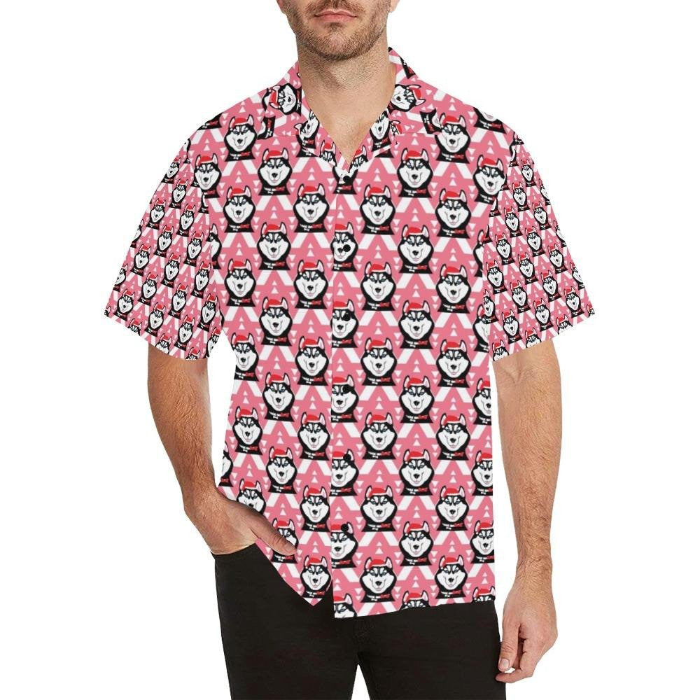 Siberian Huskies Christmas Themed Pink Background Hawaiian Shirt, Hawaiian Shirt Gift, Christmas Gift
