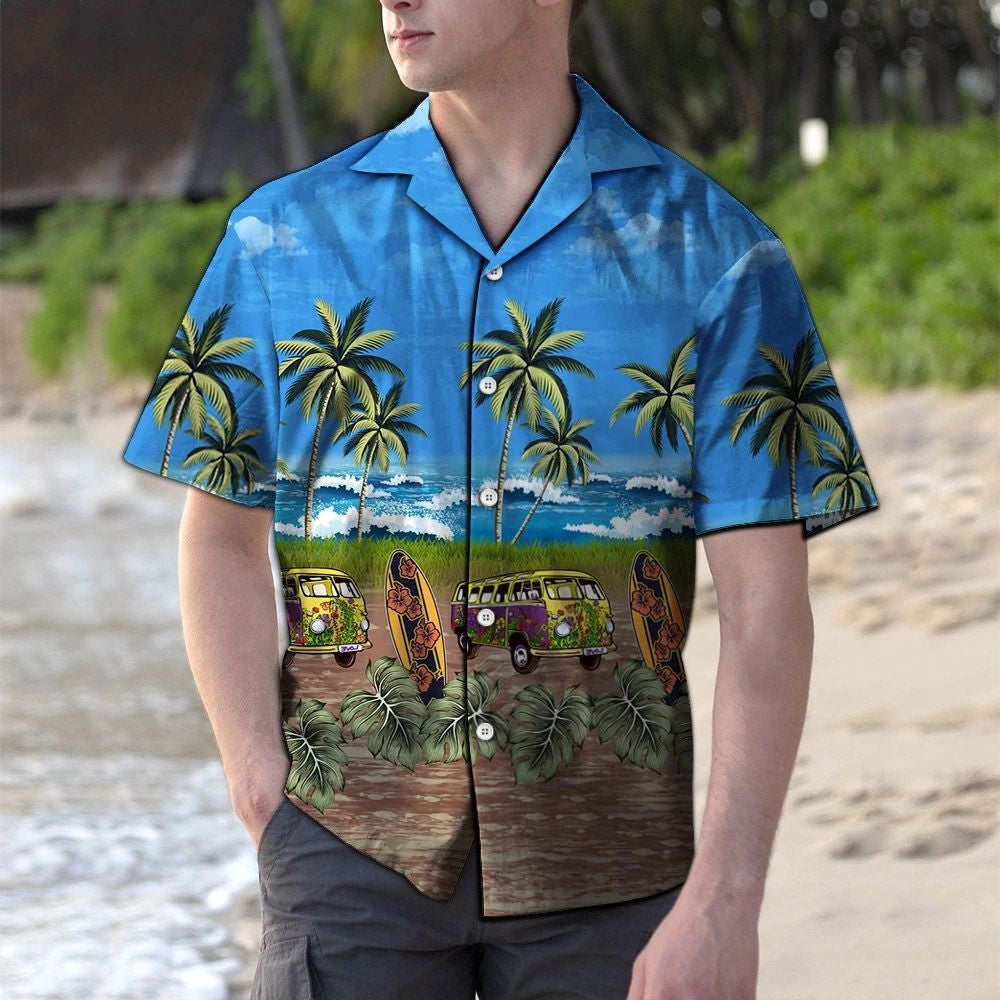 Tropical Hippie Bus Seaside Palm Tree Pattern Hawaiian Shirt, Hawaiian Shirt Gift, Christmas Gift