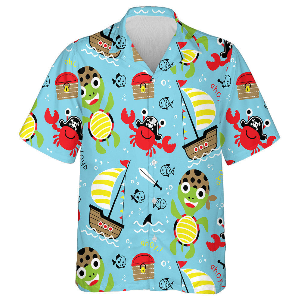 Funny Pirate Cartoon Turtle With Crab Hawaiian Shirt,Hawaiian Shirt Gift, Christmas Gift