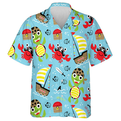 Funny Pirate Cartoon Turtle With Crab Hawaiian Shirt,Hawaiian Shirt Gift, Christmas Gift