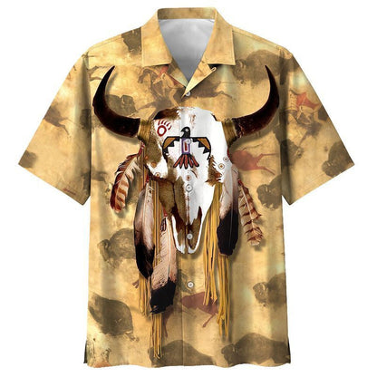 Native American Buffalo With Feathers Pattern Hawaiian Shirt,Hawaiian Shirt Gift, Christmas Gift