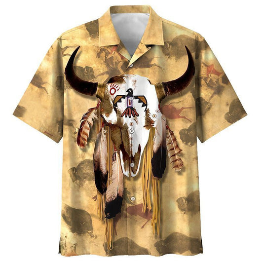 Native American Buffalo With Feathers Pattern Hawaiian Shirt,Hawaiian Shirt Gift, Christmas Gift