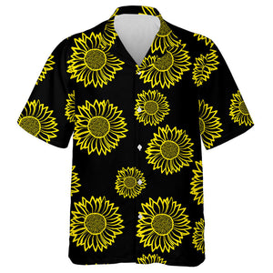 Yellow Outline Sunflowers On Black Backdrop Hawaiian Shirt, Hwaiian For Gift