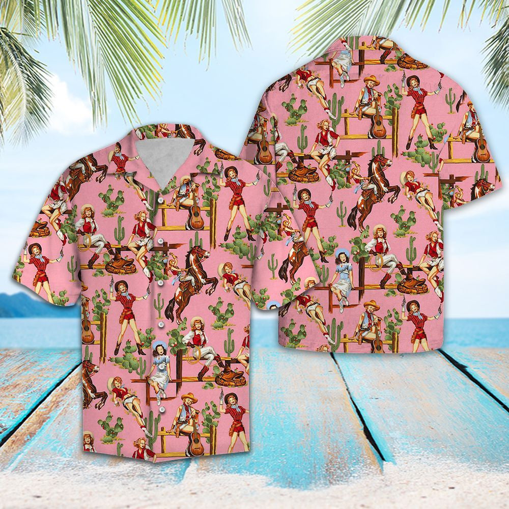 Cool Cowgirl With Palm Trees In Pink Design Hawaiian Shirt, Hawaiian Shirt Gift, Christmas Gift