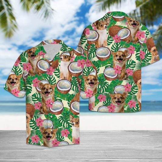 Happy Chihuahua Hide In Tropical Coconut Jungle Pattern Hawaiian Shirt, Hawaiian Shirt Gift, Christmas Gift