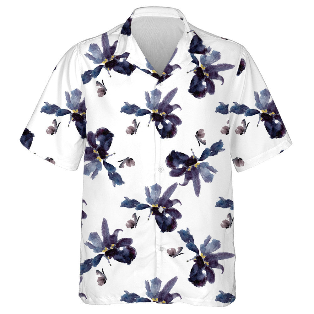 Hand Drawn Iris Flowers And Butterfly Hawaiian Shirt, Hawaiian For Gift