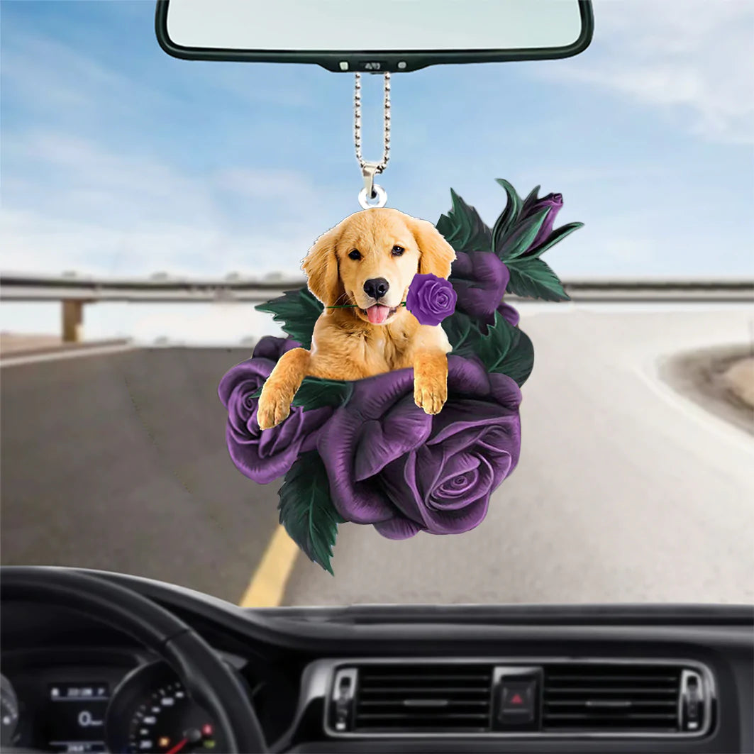 Golden Retriever In Purple Rose Car Hanging Ornament, Cool Car Hanging Ornament, Christmas Decoration