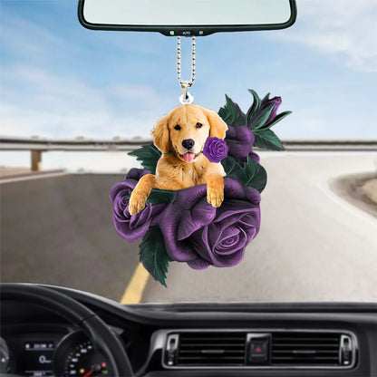 Golden Retriever In Purple Rose Car Hanging Ornament, Cool Car Hanging Ornament, Christmas Decoration