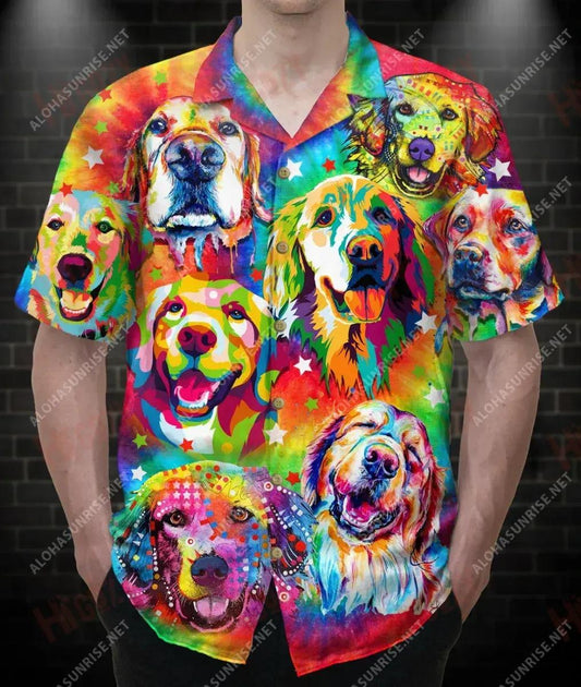 Colorful Golden Retriever Unisex Short Sleeve Shirt Summer Hawaiian T Shirts Best Hawaiian Shirts Hawaiian Shirts For Men, Hawaiian Shirt Gift, Christmas Gift