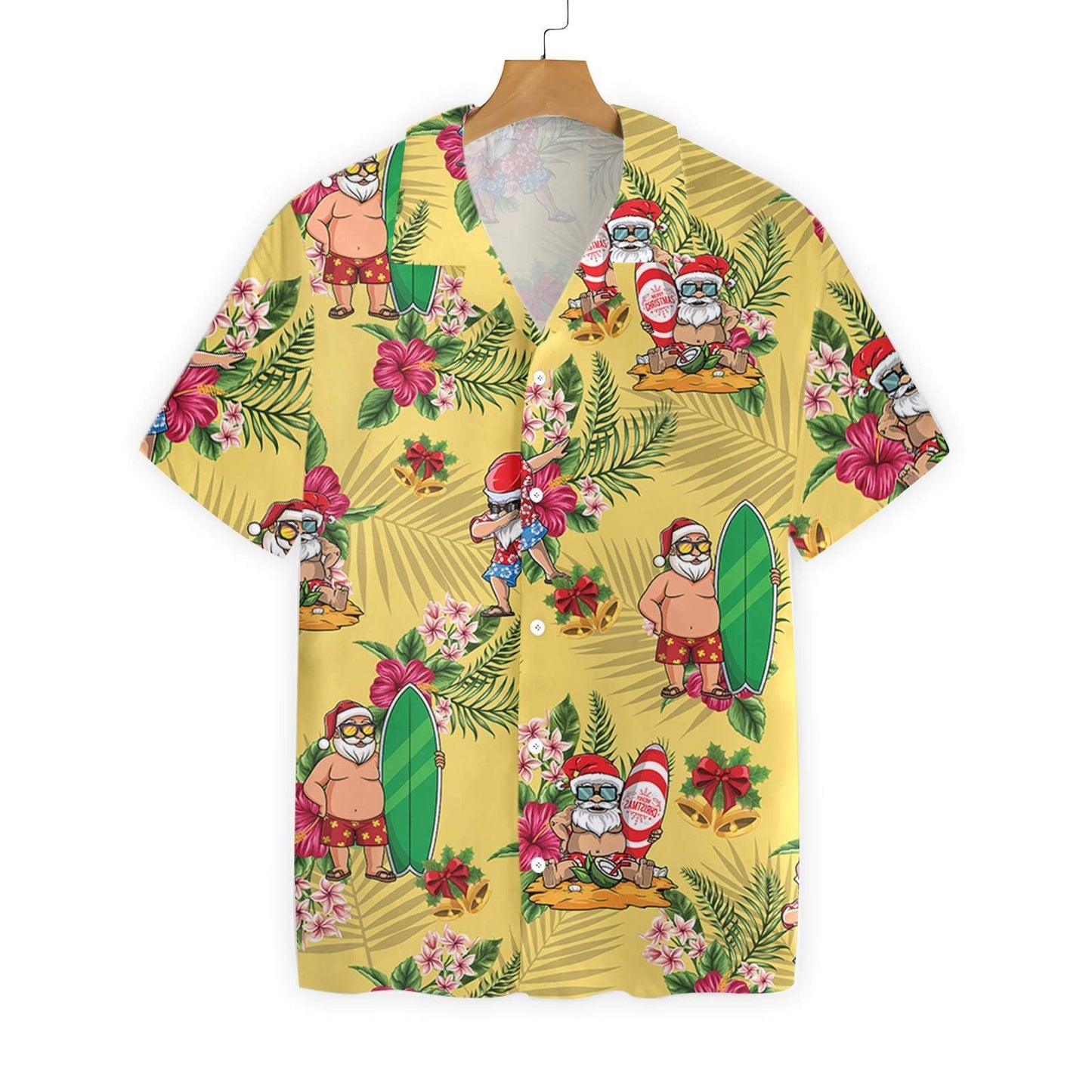 Merry Christmas Santa Claus Surfing Yellow Background Hawaiian Shirt, Hawaiian Shirt Gift, Christmas Gift