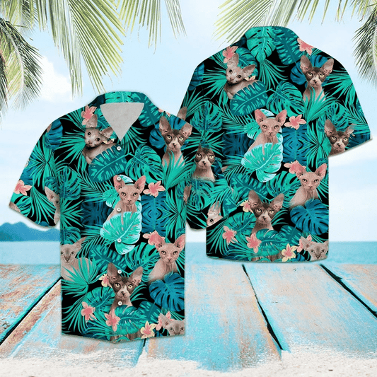 Sphynx Behind Tropical Forest Pattern Hawaiian Shirt,Hawaiian Shirt Gift, Christmas Gift