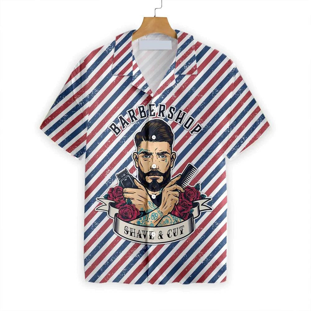 Barbershop Shave A Cut Retro Red Blue Striped Hawaiian Shirt, Hawaiian Shirt Gift, Christmas Gift
