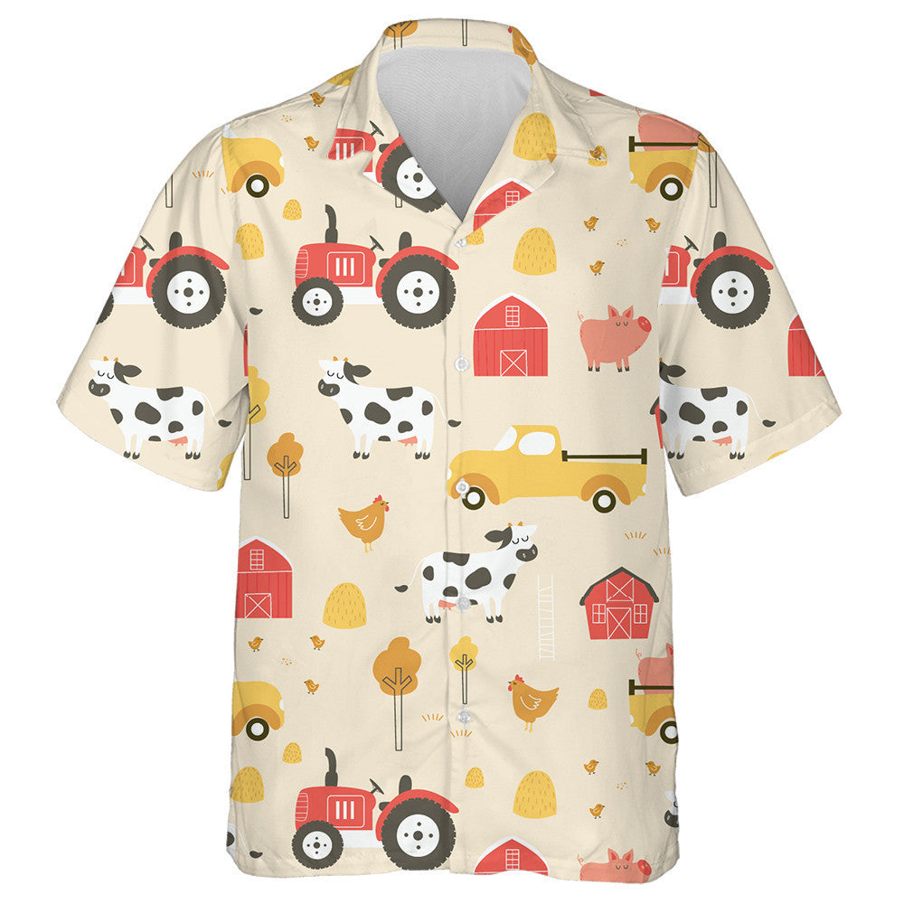 Hand Drawn Countryside Farm Car And Cow Hawaiian Shirt, Hawaiian Shirt Gift, Christmas Gift