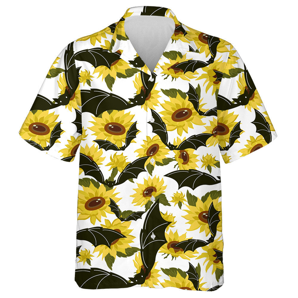 Halloween Black Bat And Yellow Sunflowers On White Background Hawaiian Shirt, Hawaiian Shirt Gift, Christmas Gift