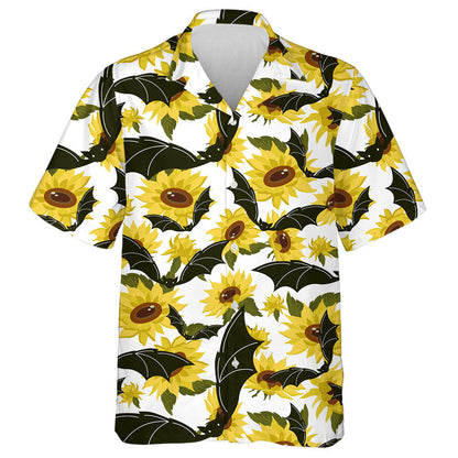 Halloween Black Bat And Yellow Sunflowers On White Background Hawaiian Shirt, Hawaiian Shirt Gift, Christmas Gift