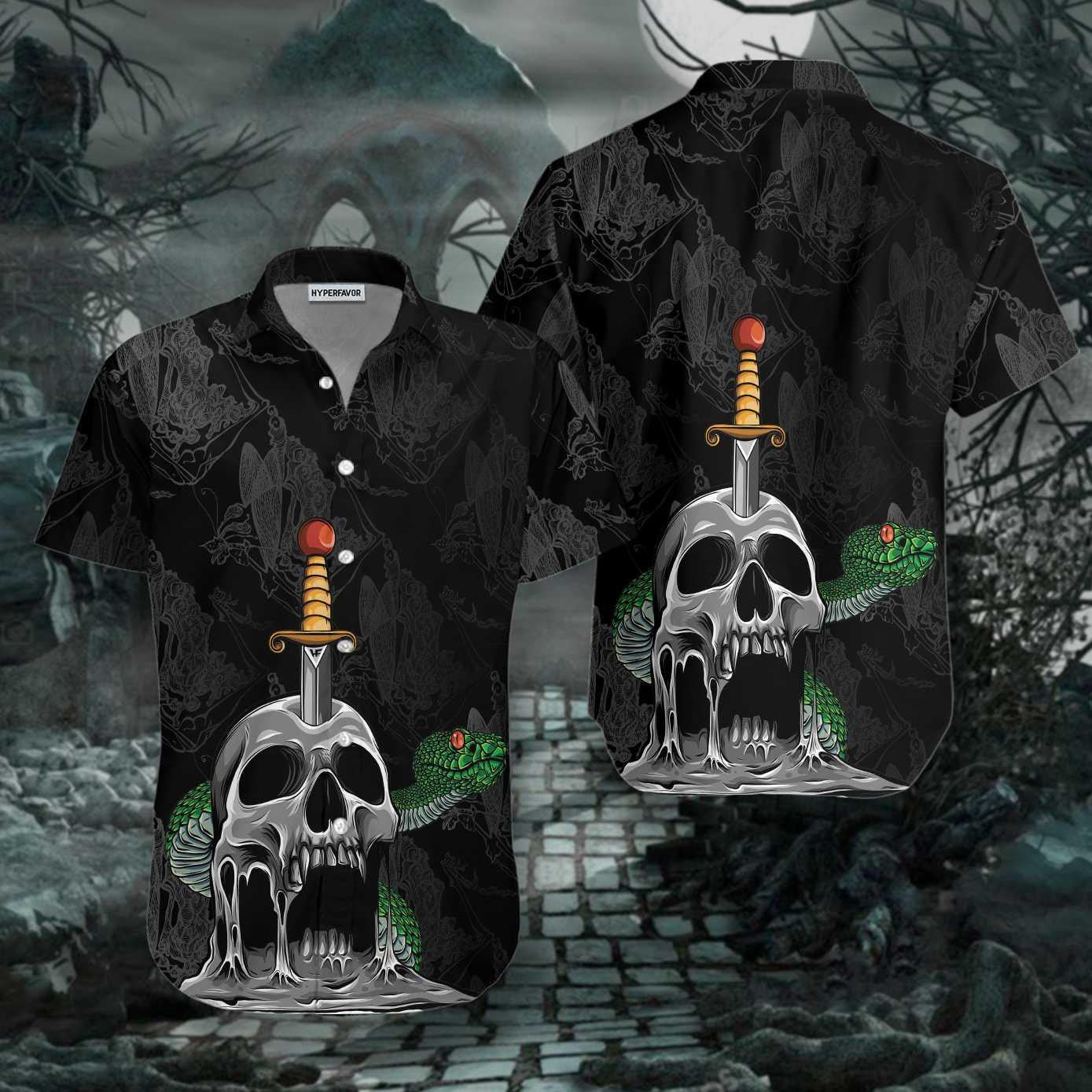 Creepy Night Scene Skull And Snake Gothic Hawaiian Shirt, Hawaiian Shirt Gift, Christmas Gift