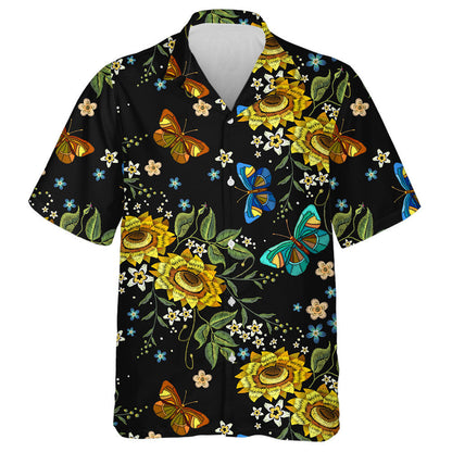 Theme Mystical Embroidery Sunflowers And Butterflies Hawaiian Shirt,Hawaiian Shirt Gift, Christmas Gift