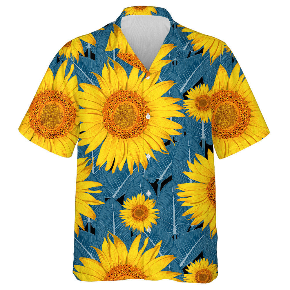 Botanical Sunflower And Green Ornament Leaf On Isolated Background Hawaiian Shirt, Hawaiian Shirt Gift, Christmas Gift
