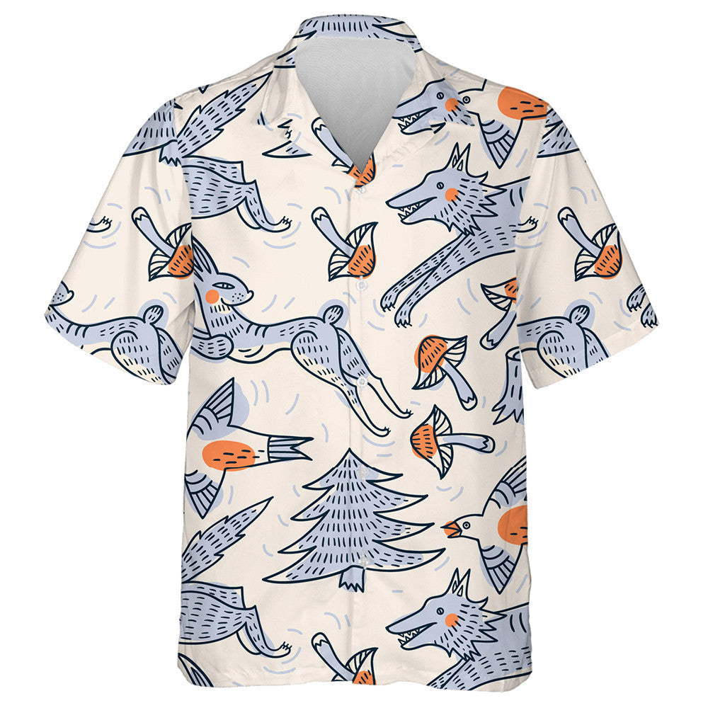 Running Wolf Cartoon Animals And Flying Birds Hawaiian Shirt, Hawaiian Shirt Gift, Christmas Gift