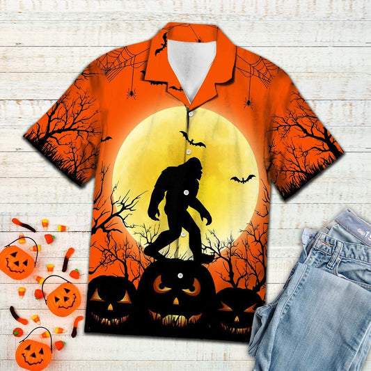 Lonely Bigfoot Walking On Pumkin Halloween Night Pattern Hawaiian Shirt, Hawaiian Shirt Gift, Christmas Gift