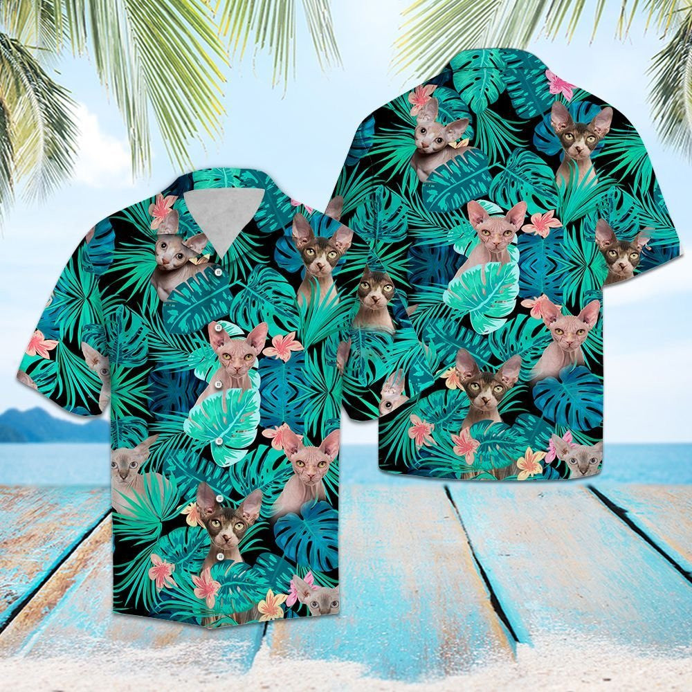 Tropical Leaves And Sphynx Gift For Cat Lovers Pattern Hawaiian Shirt, Hawaiian Shirt Gift, Christmas Gift