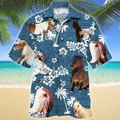 Vintage Themed Of Miniature Horse Blue Tribal Pattern Hawaiian Shirt, Hawaiian Shirt Gift, Christmas Gift