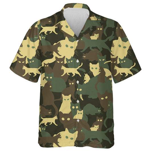 Green Forest Colors Playful Cat Silhouette Camo Pattern Hawaiian Shirt, Hawaiian Shirt Gift, Christmas Gift