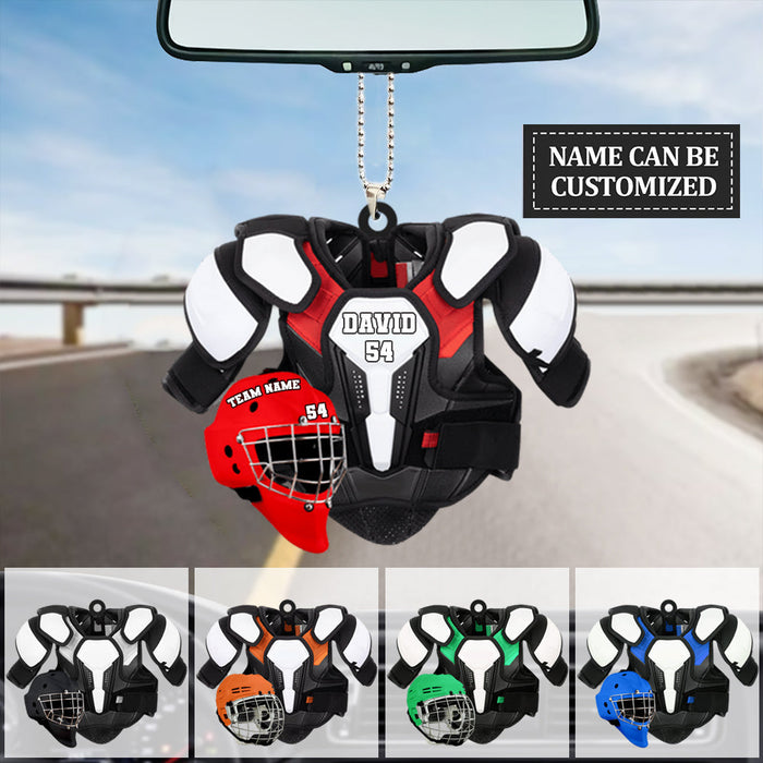 Personalized Hockey Helmet and Shoulder Pads Flat Acrylic Car Hanging Ornament, Hockey Car Ornament, Christmas Decoration