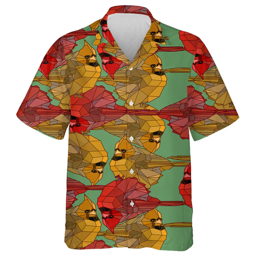 Geometric Red Cardinal Bird On Green Hawaiian Shirt,Hawaiian Shirt Gift, Christmas Gift