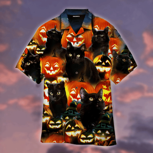 Halloween Pumkin Lantern And Black Cats Dramatic Hawaiian Shirt, Hawaiian Shirt Gift, Christmas Gift