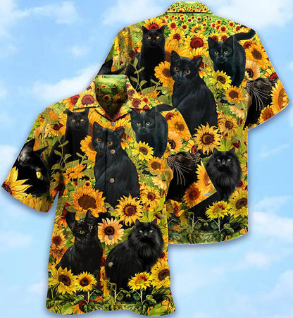 Black Cat Love Sunflower 3D All Over Printed Hawaiian Shirt, Hawaiian Shirt Gift, Christmas Gift