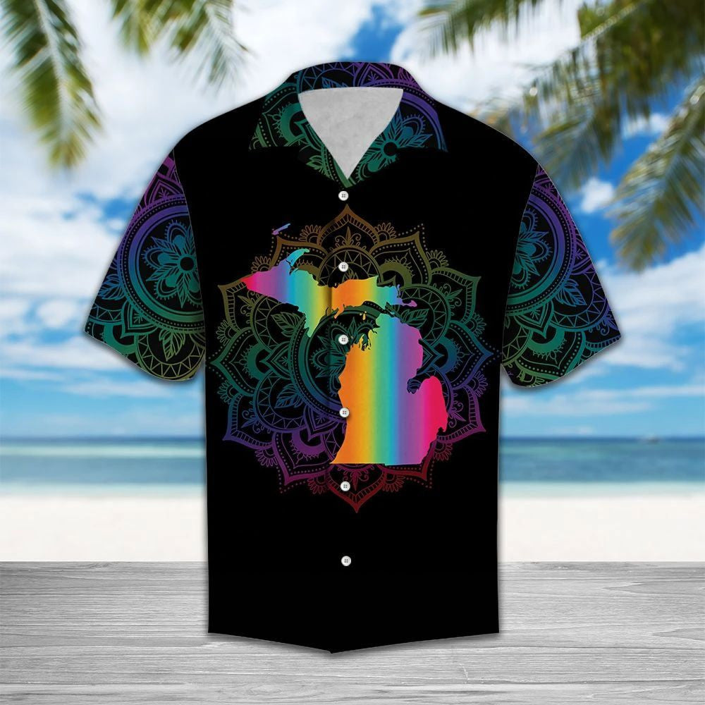 Awesome Michigan Map Mandala Flower Dark Themed Hawaiian Shirt, Hawaiian Shirt Gift, Christmas Gift