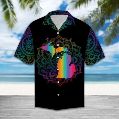Awesome Michigan Map Mandala Flower Dark Themed Hawaiian Shirt, Hawaiian Shirt Gift, Christmas Gift