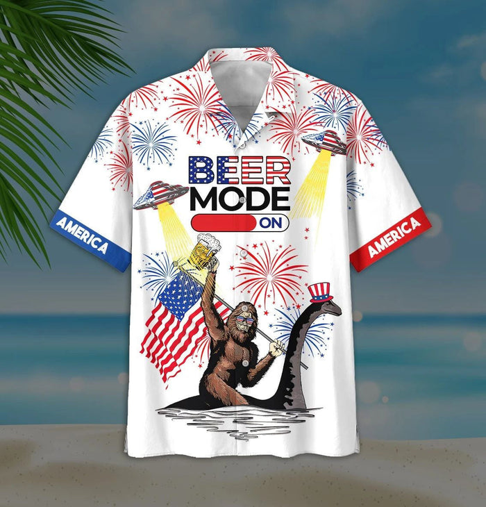 Beer Mode On Bigfoot Ufo White Theme Hawaiian Shirt, Hawaiian Shirt Gift, Christmas Gift