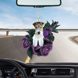 Wire Fox Terrier In Purple Rose Car Hanging Ornament, Christmas Decoration