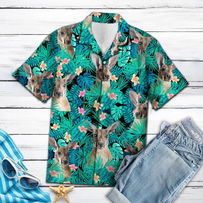 Lovely Kangaroo Tropical Palm Leaves Summer Vacation Themed Hawaiian Shirt, Hawaiian Shirt Gift, Christmas Gift