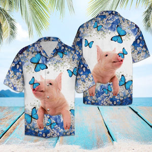 Aloha Shirt Pig Blue And White Flower Hawaiian Aloha Shirt Hawaiian Shorts Beach Short Sleeve, Hawaiian Shirt Christmas Gift