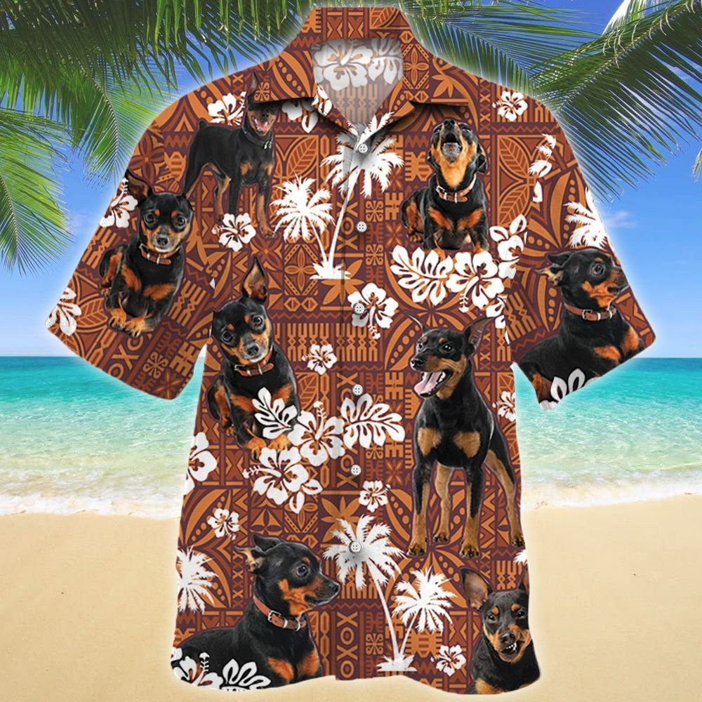 Loyal Miniature Pinscher Dog On Red Tribal Pattern Hawaiian Shirt, Hawaiian Shirt Gift, Christmas Gift
