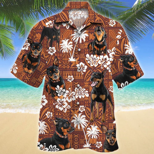Loyal Miniature Pinscher Dog On Red Tribal Pattern Hawaiian Shirt, Hawaiian Shirt Gift, Christmas Gift