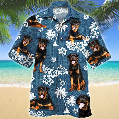 Tongue Out Rottweiler Dog Blue Tribal Hibiscus Pattern Hawaiian Shirt, Hawaiian Shirt Gift, Christmas Gift